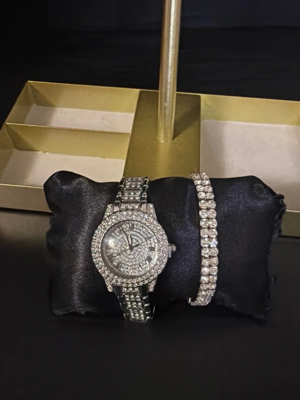 Silver Crystal-Embellished Women's Watch with Matching Bracelet